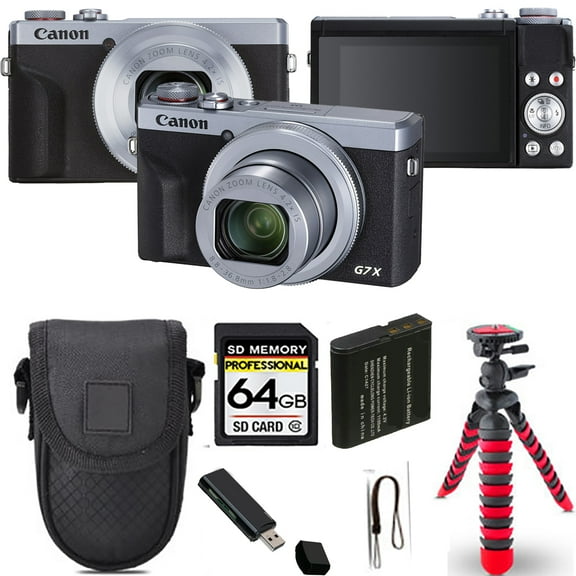 Canon PowerShot G7 X Mark III Digital Camera (Silver)  Spider Tripod   Case - 64GB Kit