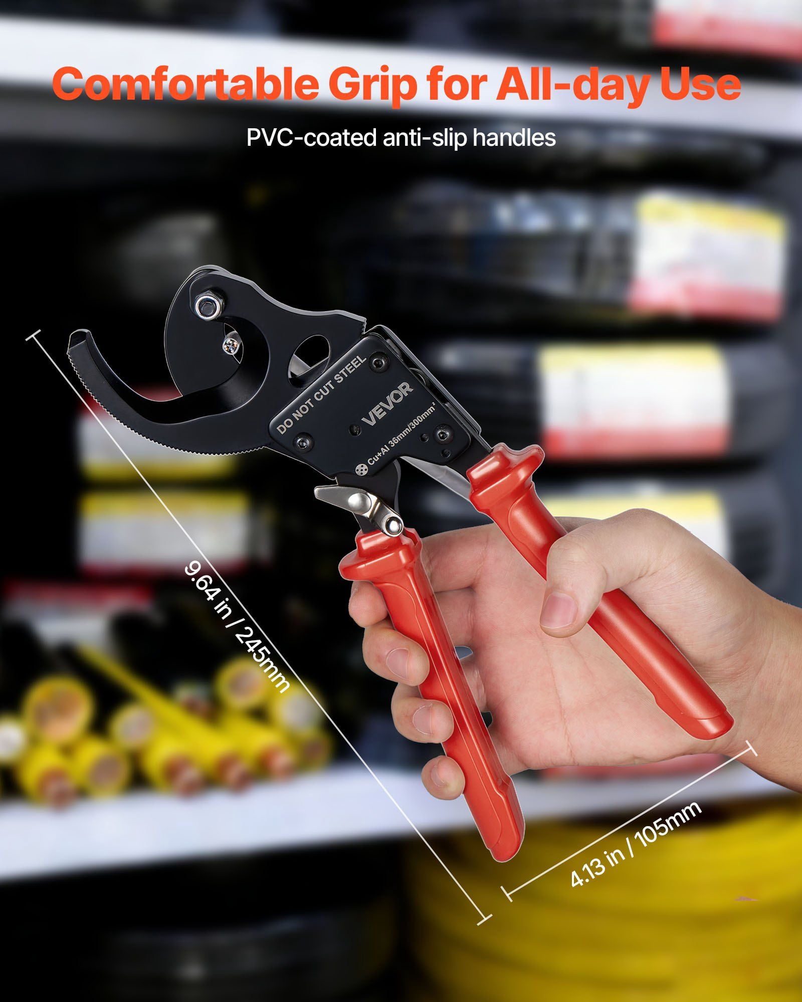 Ratcheting Cable Cutter, Spring Steel Blades with PVC-Coated Handles, Quick-Release Button, Heavy Duty Ratchet Cable Wire Cutter for Cutting Copper & Aluminum Cables Up to 600 MCM / 300 mm²