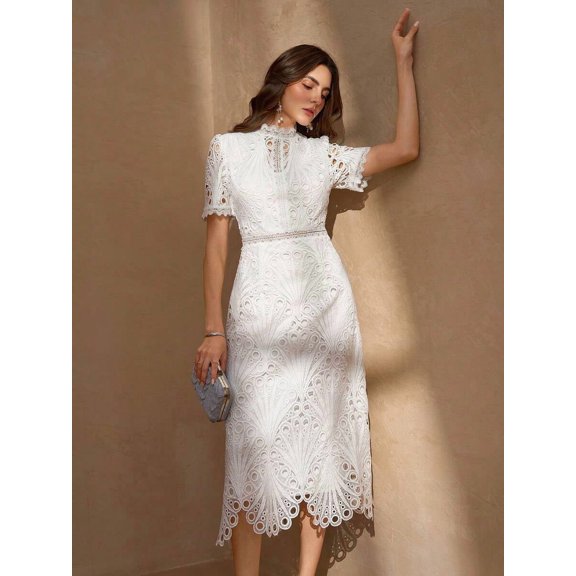 White Floral Lace High Neck Short Sleeve Sheath Midi Dress