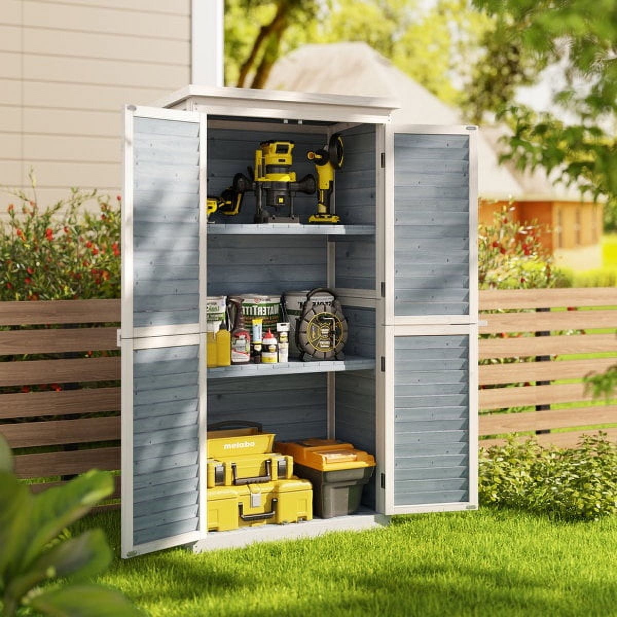 Outdoor Storage Cabinet, Lofka Wood Garden Storage Shed with Ventilate Shutter and Asphalt Roof, Grey