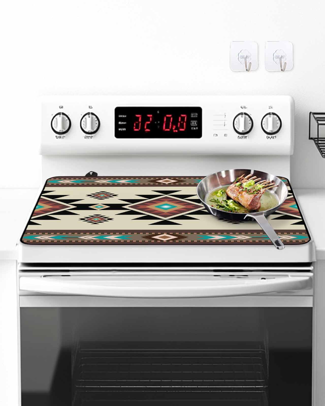 Stove Top Covers for Electric Stove, Southwest Geometric Glass Stovetop Cover Protector, Brown Mexican Aztec Boho Tribal Induction Cooktop Protector Oven Mat for Kitchen Countertop 24"x21"