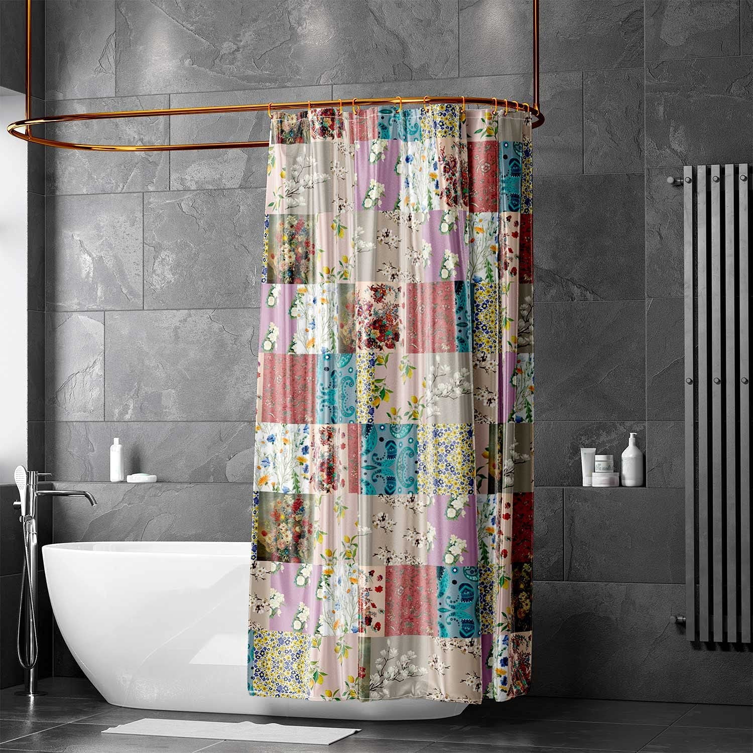 Floral Shower Curtain, Patchwork Boho Shower Curtain Design Various Flowers Print Paisley Pattern Bathroom Curtains for Farmhouse Cottage Vintage Style, 69X70 Inches