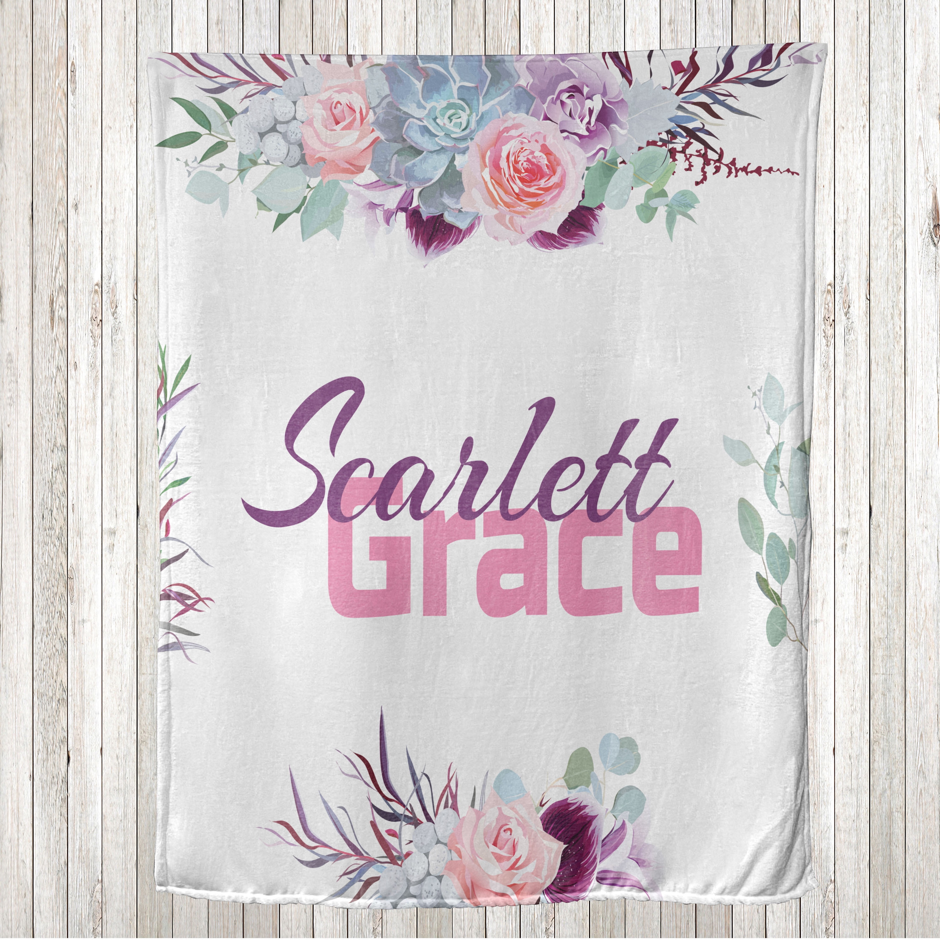 Floral Throw Blanket, Bouquet of Blooming Nature Roses Succulents and Pastel  Leaves Design, Flannel Fleece Accent with Custom Name Photo Backdrop, 60