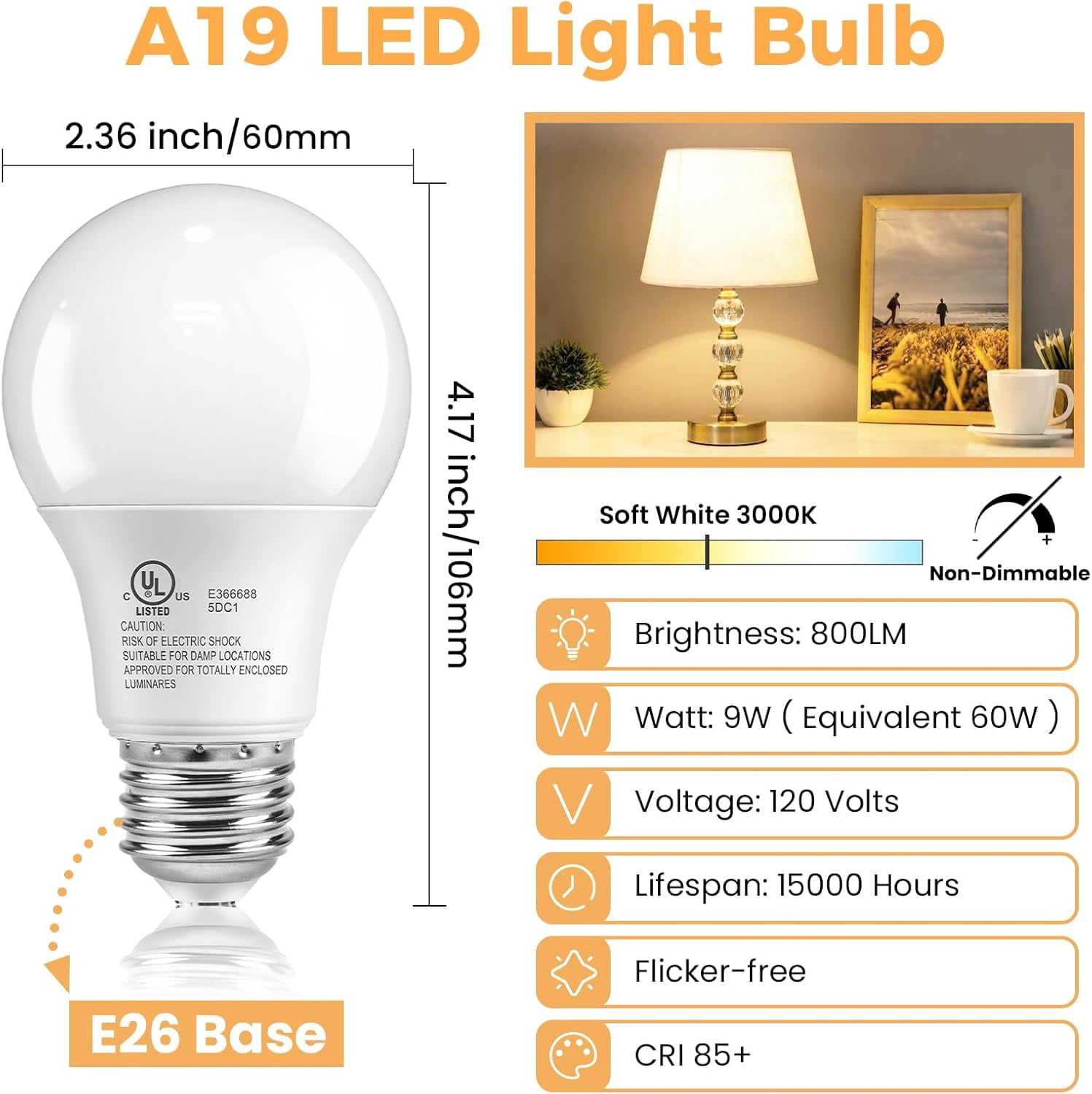 FEFEFW-6 Pack A19 LED Light Bulbs, 60 Watt Equivalent, Soft Warm White 3000K, Energy Efficient 9W, E26 Base Standard LED Bulb, 120V, 800 Lumen Lightbulbs for Bedroom Indoor Lamp, Non-Dimmable, UL Lis