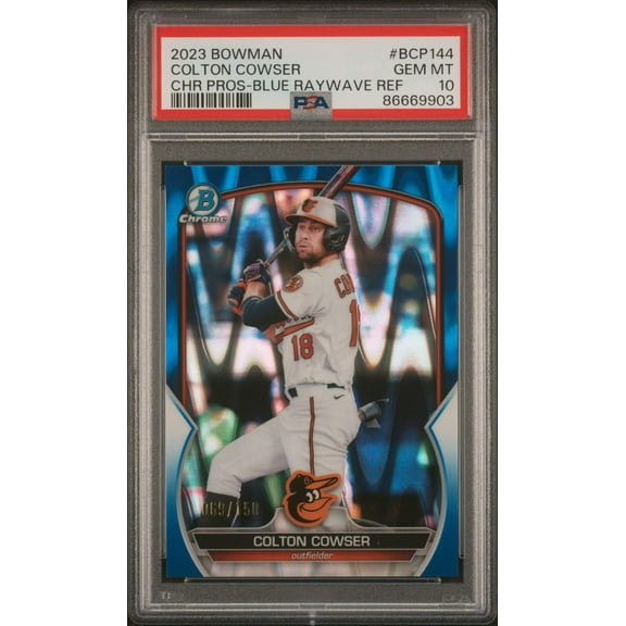 Graded 2023 Topps Bowman Colton Cowser #BCP144 Chrome Prospects Blue Raywave Refractor #/150 Rookie RC Baseball Card PSA 10 Gem Mint