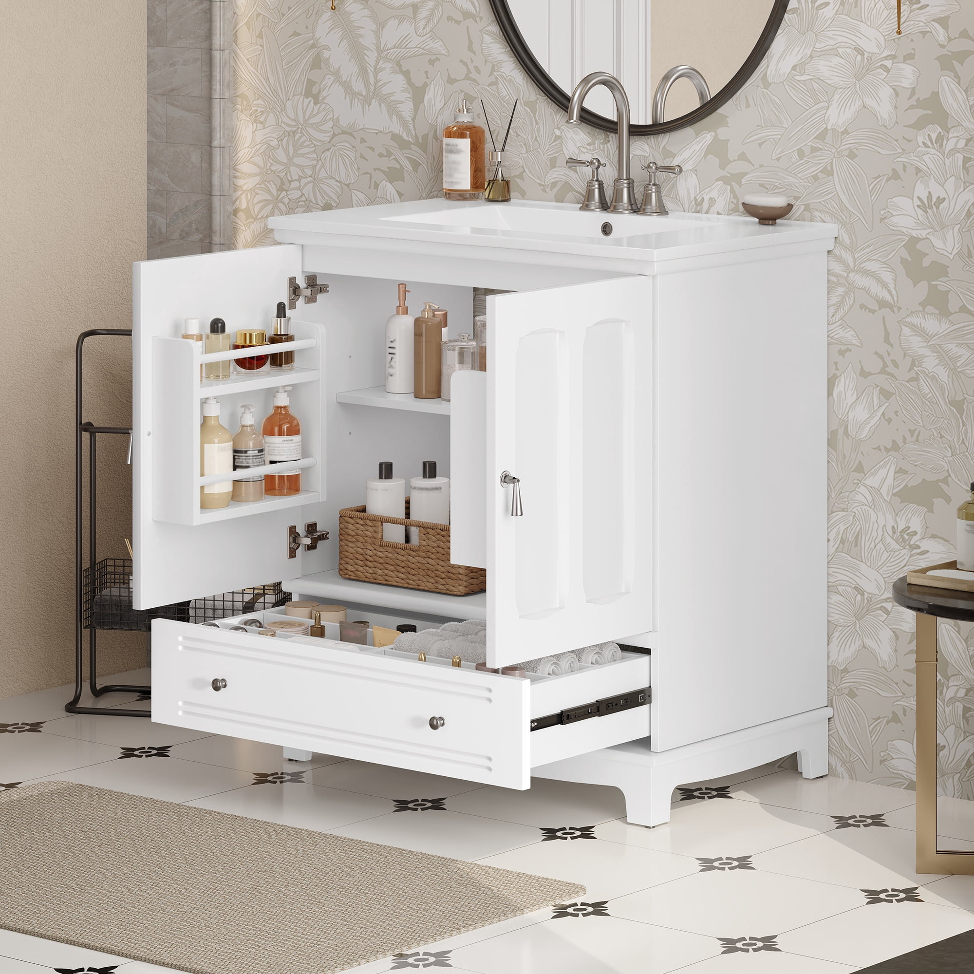 Euroco 30" Bathroom Vanity with Ceramic Sink, Solid Wood Frame Bathroom Sink Cabinet with Adjustable Shelf, Drawer with Divider, Solid Wood Feet