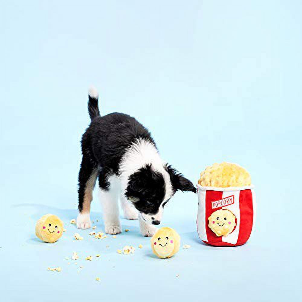 ZippyPaws Food Buddies Burrow, Interactive Squeaky Hide and Seek Plush Dog Toy - Popcorn Bucket