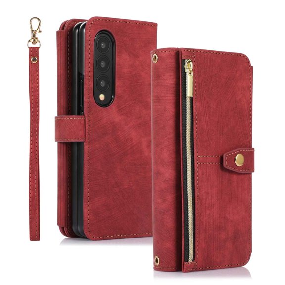 Fongwan Compatible with Samsung Galaxy Z Fold 5 Wallet Case with Lanyard Leather Shockproof Kickstand Case-Red