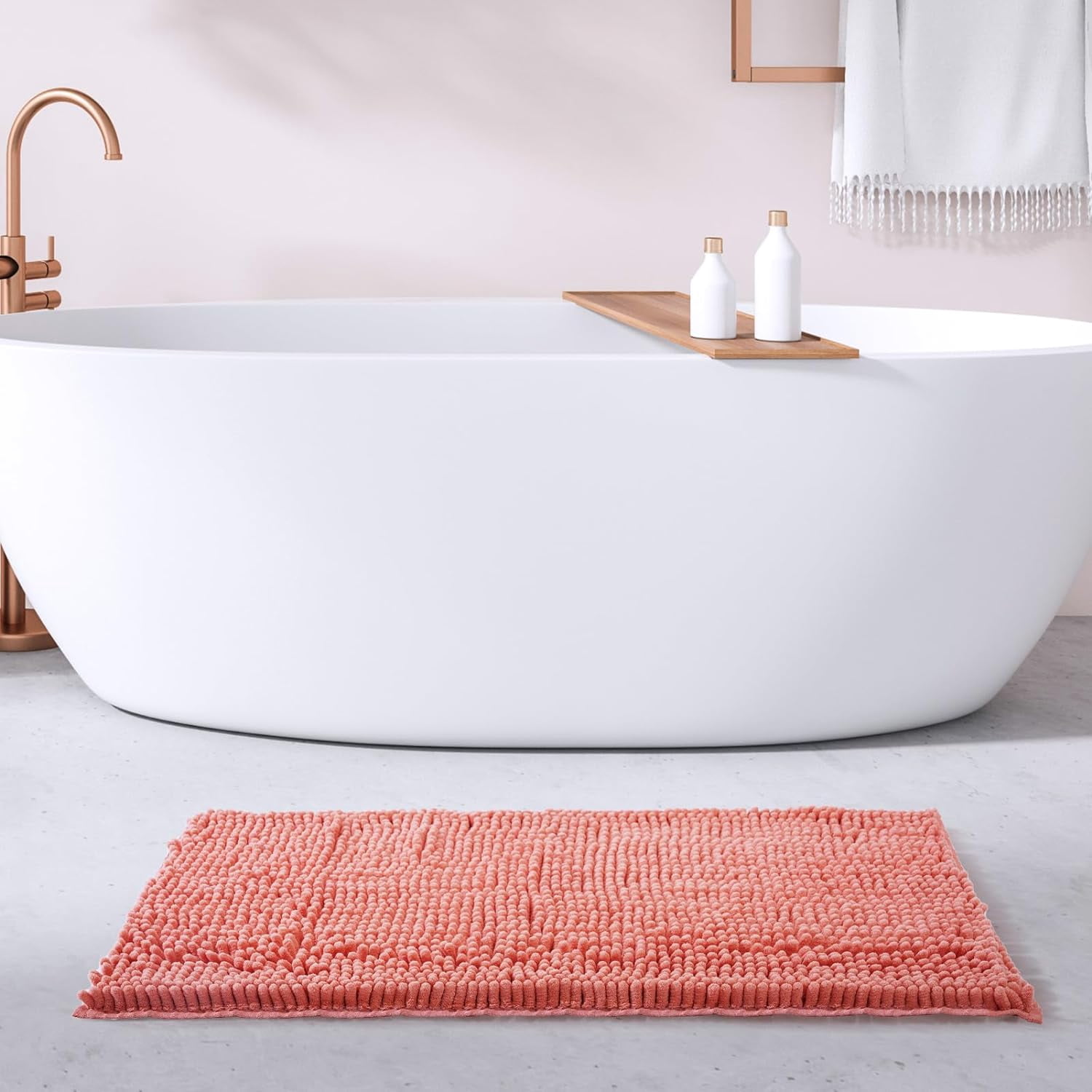 FRESHMINT Large Chenille Bathroom Rugs Mat 36'' x 24'' Non-Slip Bath Mat for Bathroom Floor & Bathtub, Washable Shower Shag Bath Rugs, Soft Fluffy Thick Water Absorbent Microfiber Shower Mat, Coral