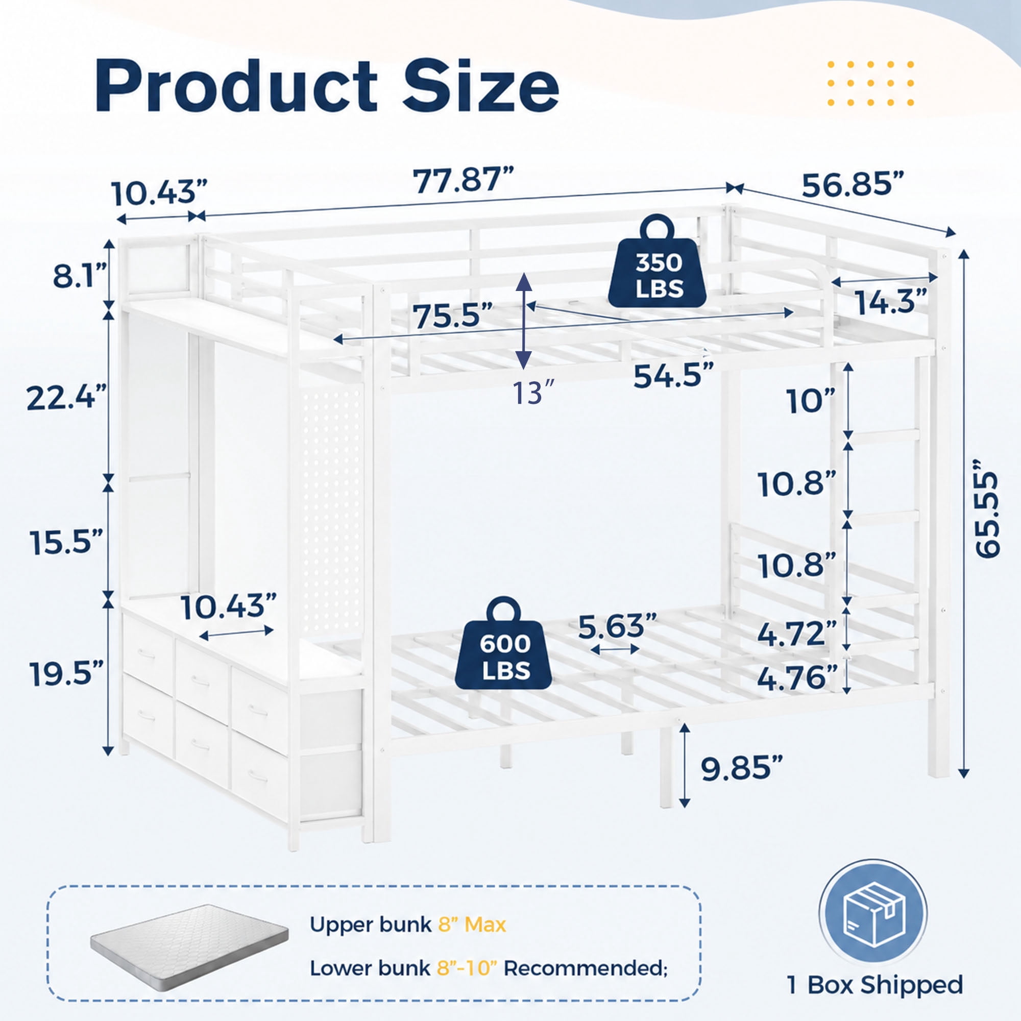 Miniyam Full Over Full Metal Bunk Bed with 6 Storage Drawers, LED Light and Charging Station,White