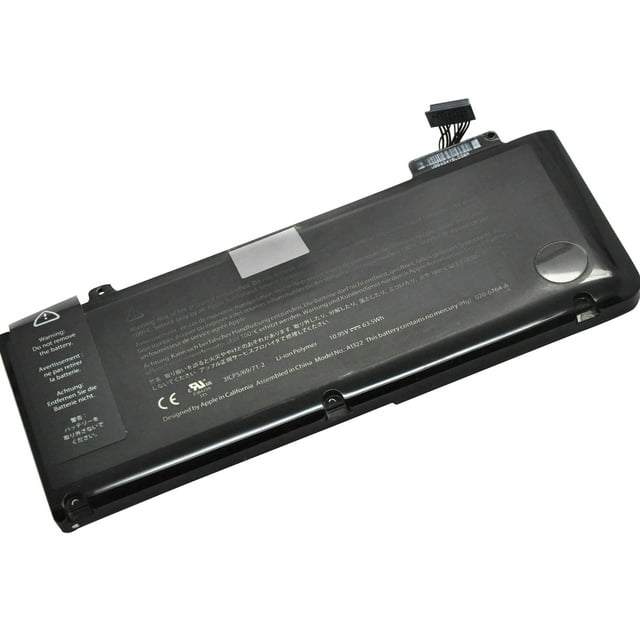 Replacement Battery A1322 with a capacity of 10.95V/63.5WH, compatible with Apple MacBook Pro 13-inch A1278 models from mid-2009 to 2012. The black battery features a compact rectangular design with visible connector pins and printed specifications on the surface. Suitable for laptop power replacement needs.