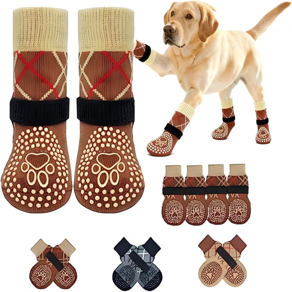GASTROPOD 4Pcs Anti Slip Dog Socks to Prevent Licking Paws, Dog Shoes for Hot Pavement, Double Sides Dog Boots for Small Medium Large Senior Dogs, Paw Protectors for Hardwood Floors-Brown-M