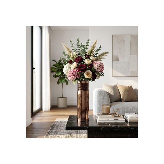 Cylinder Textured Glass Vase for Living Room Decor - Decorative Flower Vase for Home Office Styling - Modern House Accent for Bedroom and Table Decoration - 18", Bronze & Copper