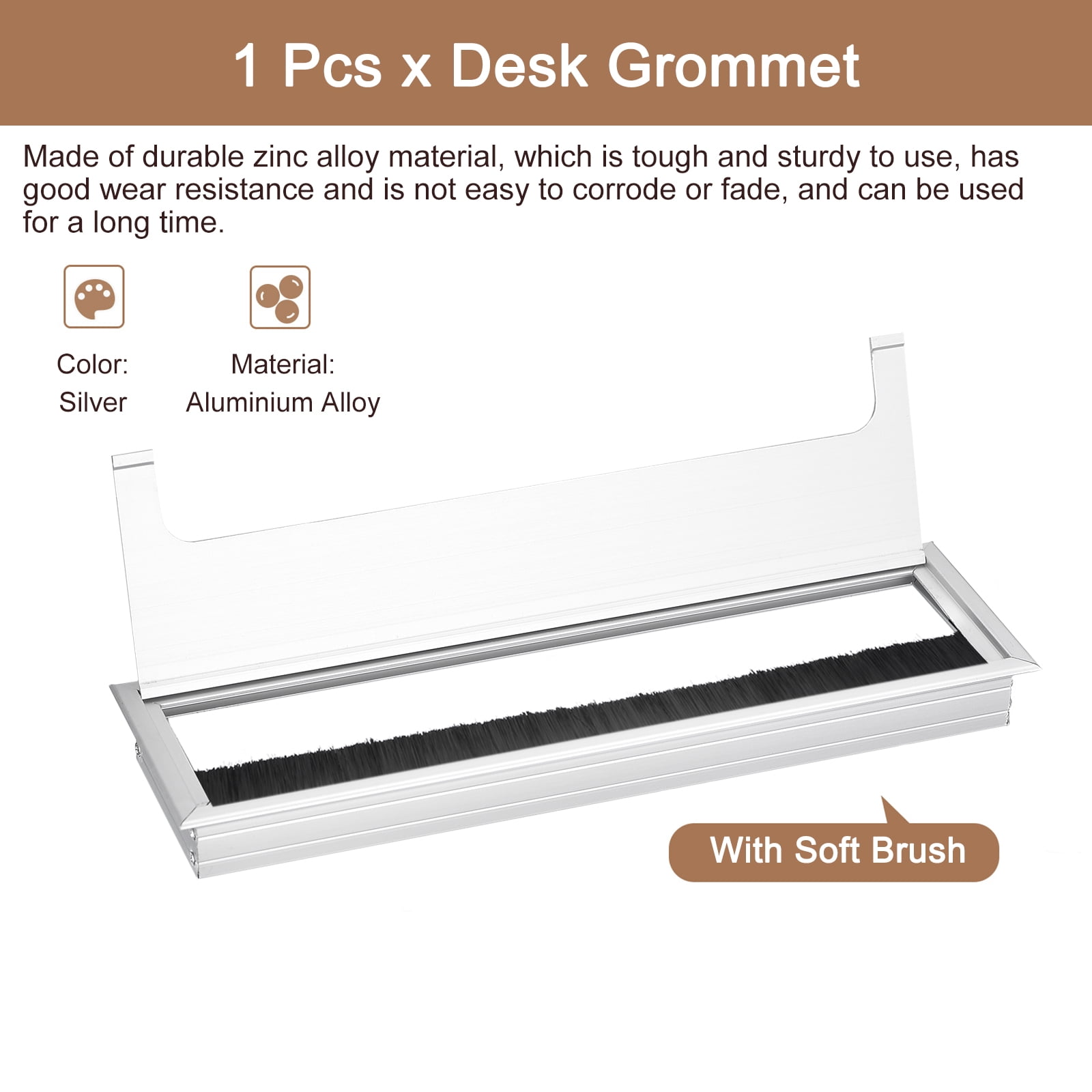 Uxcell Cable Hole Cover 290mm x 110mm Aluminum Alloy Rectangle Desk Grommet, Silver