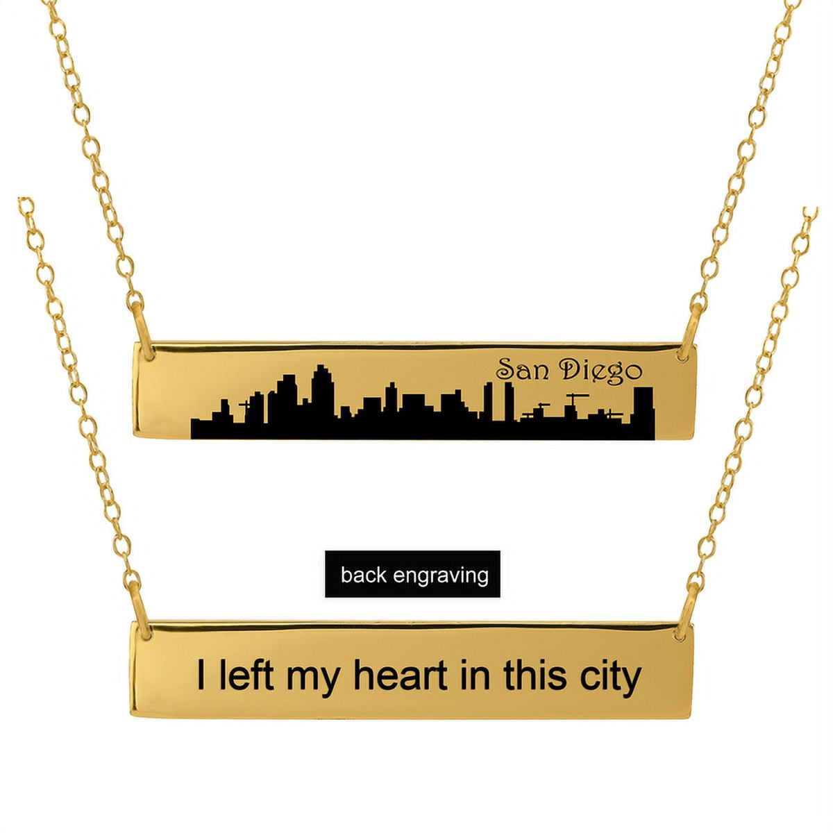 Personalized Sterling Silver, Gold Plated, 10k or 14k City Skyline Bar Necklace With 18 inch Link Chain