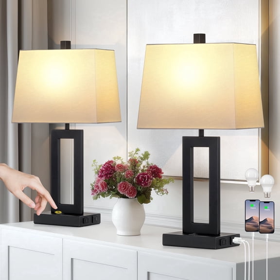 Lolikit 23.5" Table Lamps Set of 2 with USB A C Ports & AC Outlets Modern Industrial Black Bedside Nightstand Lamp for Bedroom Living Room White Shade