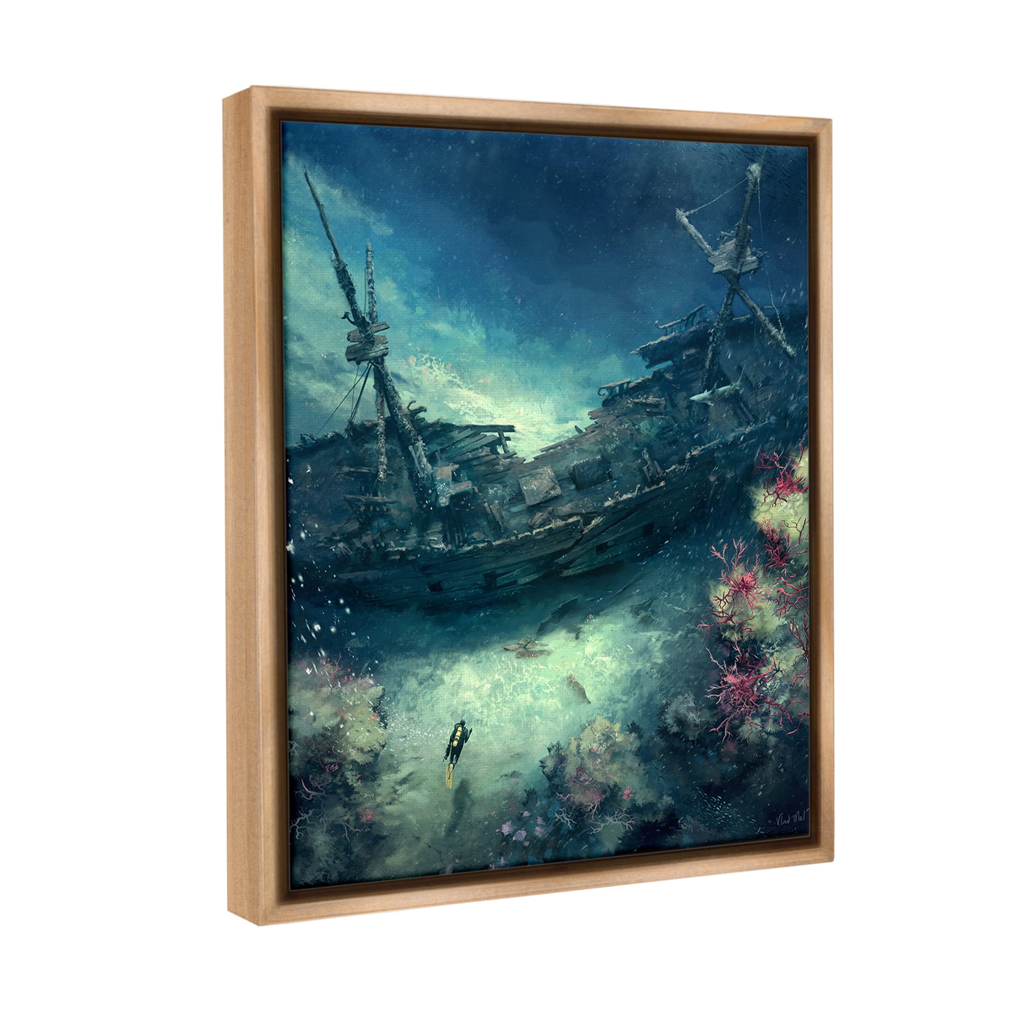 Stupell Industries Deep Sea Shipwreck Transportation Painting Brown Floater Framed Canvas Art Print Wall Art, 25 x 31