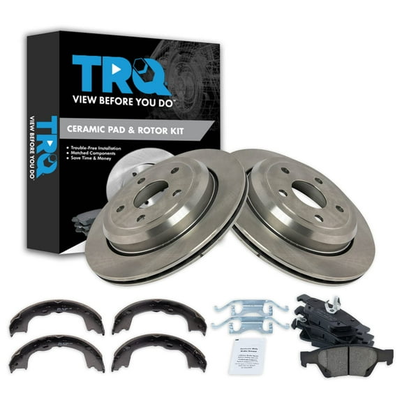 TRQ Rear Brake Pad & Rotor Kit Brake Pads Brake Rotor Parking Brake Shoe Set Ceramic Fits Select 2011-2019 Dodge Durango Jeep Grand Cherokee