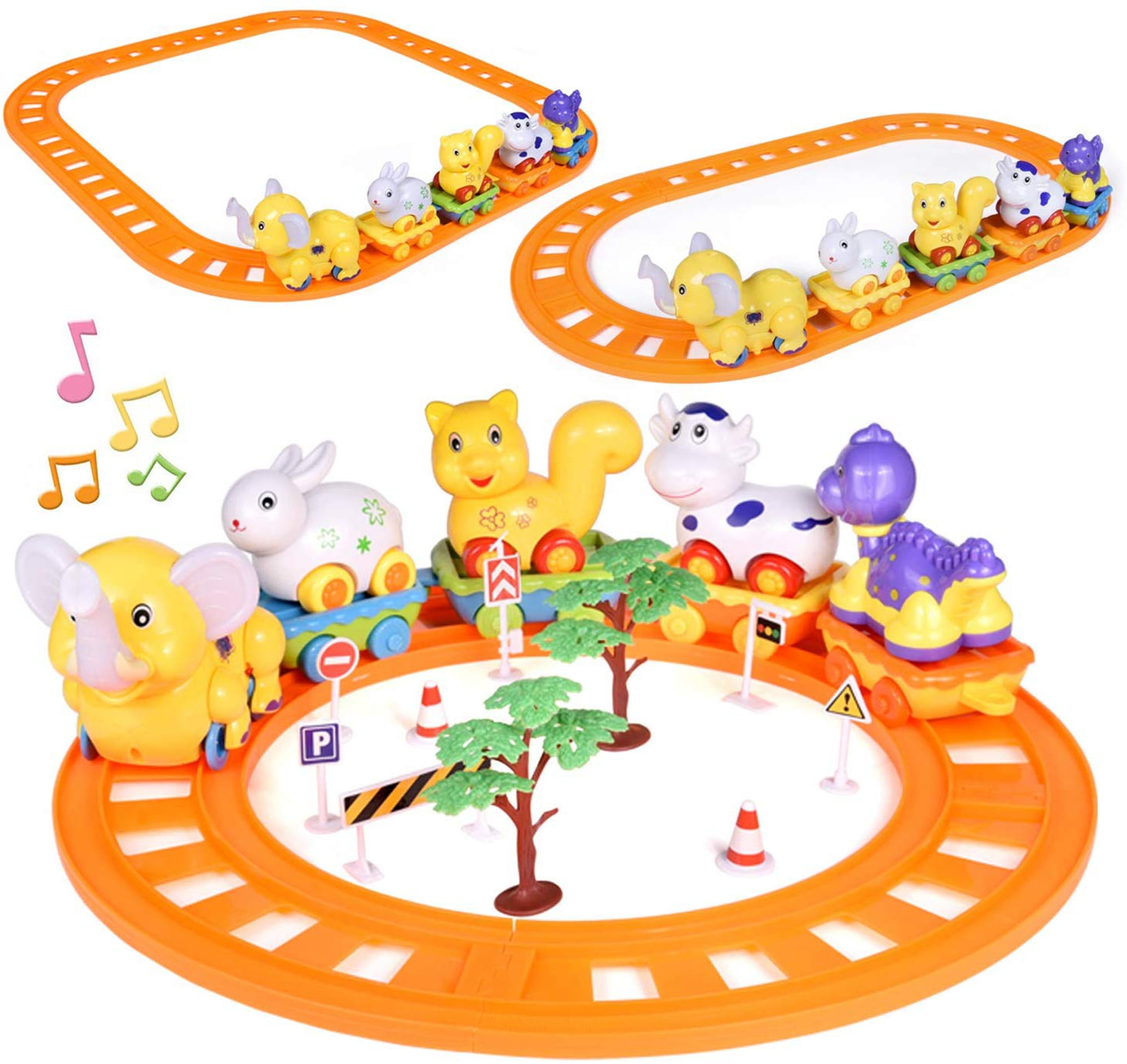 Fun Little Toys27 Pcs Train Track Toys with Musical Animals Toys, Zoo Carrier Train Cars
