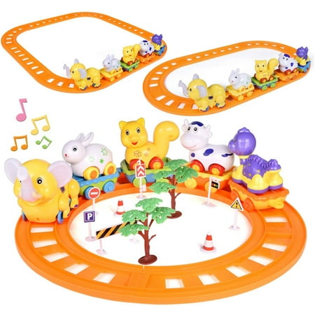 Fun Little Toys27 Pcs Train Track Toys with Musical Animals Toys, Zoo Carrier Train Cars, Optional Splicing Train Tracks, Toy for Todders