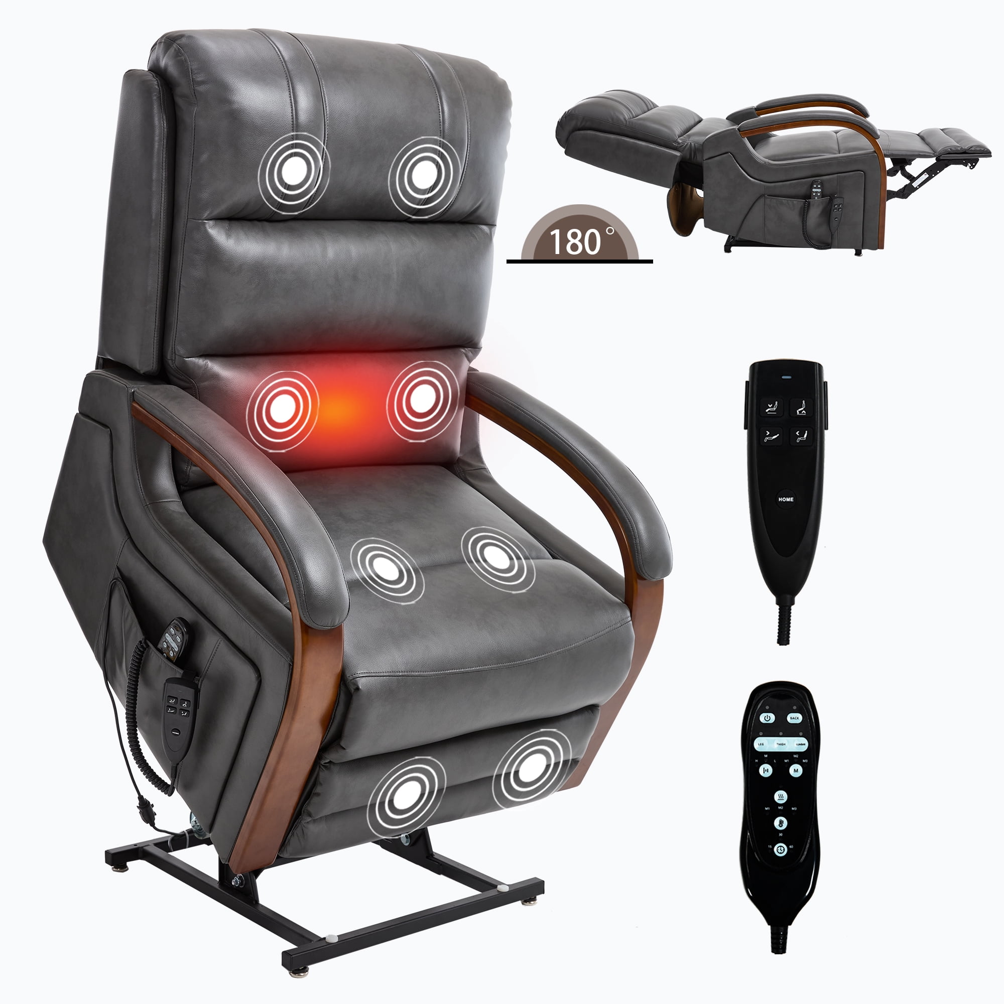 Gewnee Power Lift Recliner Chair with Heat and Massage,Lay Flat Assist Recliner with Side Pocket & Solid Wood Armrest,Lift Chair for Living Room.Grey PU