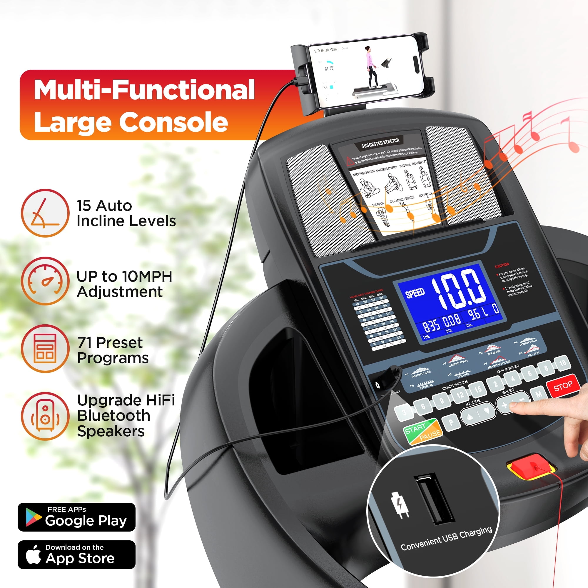300LBS Capacity Treadmill, 4.75HP Folding Treadmill w/ 15% Auto Incline, 10MPH Portable Treadmill for Home Walking Running, Fun workouts w/ APP, 64+6+1 Programs, 6-point Shock Absorption System