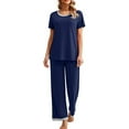 thumbnail image 1 of ZAXARRA Ensemble de Pyjama 2 Pcs pour Femmes Manches Courtes Col Rond Hauts Bande Élastique Pantalons Longs Ensembles de Nuit, 1 of 5