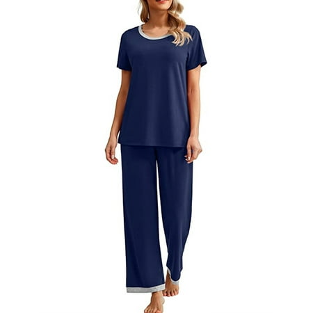

Women s Summer 2 Piece Lounge Set Pajama Set Short Sleeve Crew Neck Tops Elastic Band Contrast Color/Floral Pants Sleepwear Sets