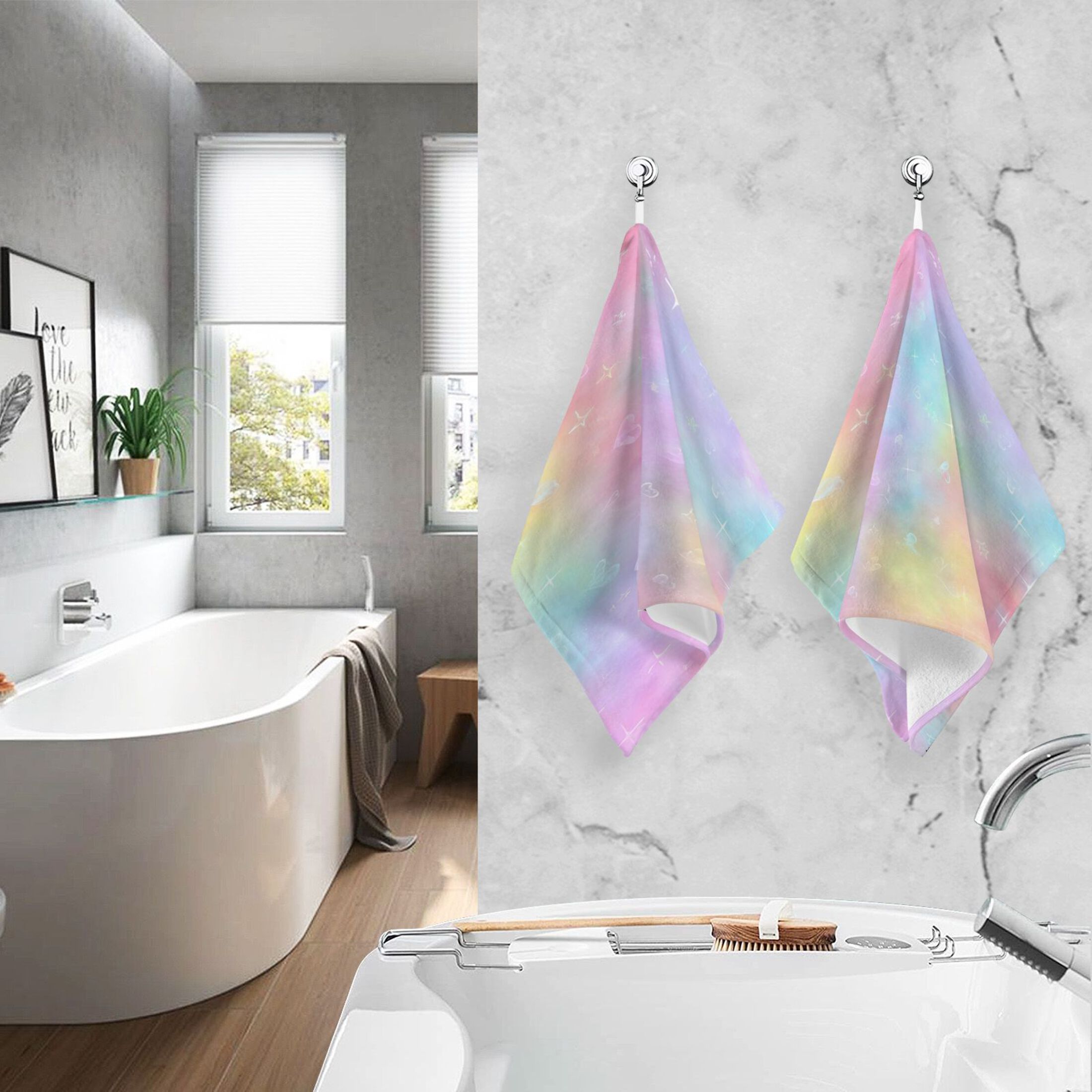 2 Pcs Hand Towels Sets Pastel Rainbow Tie-dye Cotton Towel Set Absorbent Face Towel for Bathroom Kitchen Shower Hotel Decor