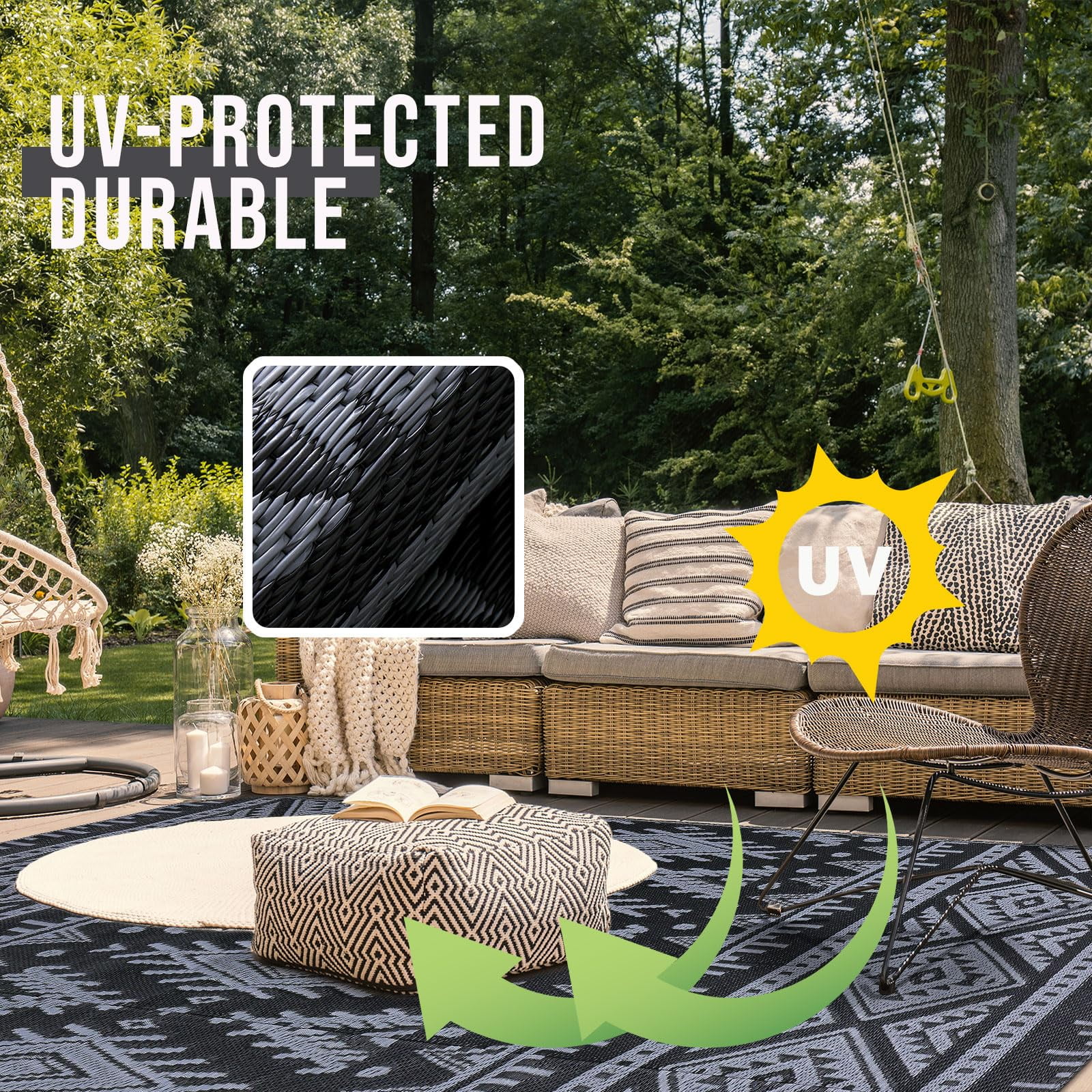 Smiry Outdoor Rugs 8'X10', Waterproof Plastic Outdoor Mat, Reversible Outdoor Carpet for Patio, RV Camping, Porch, Black & Grey