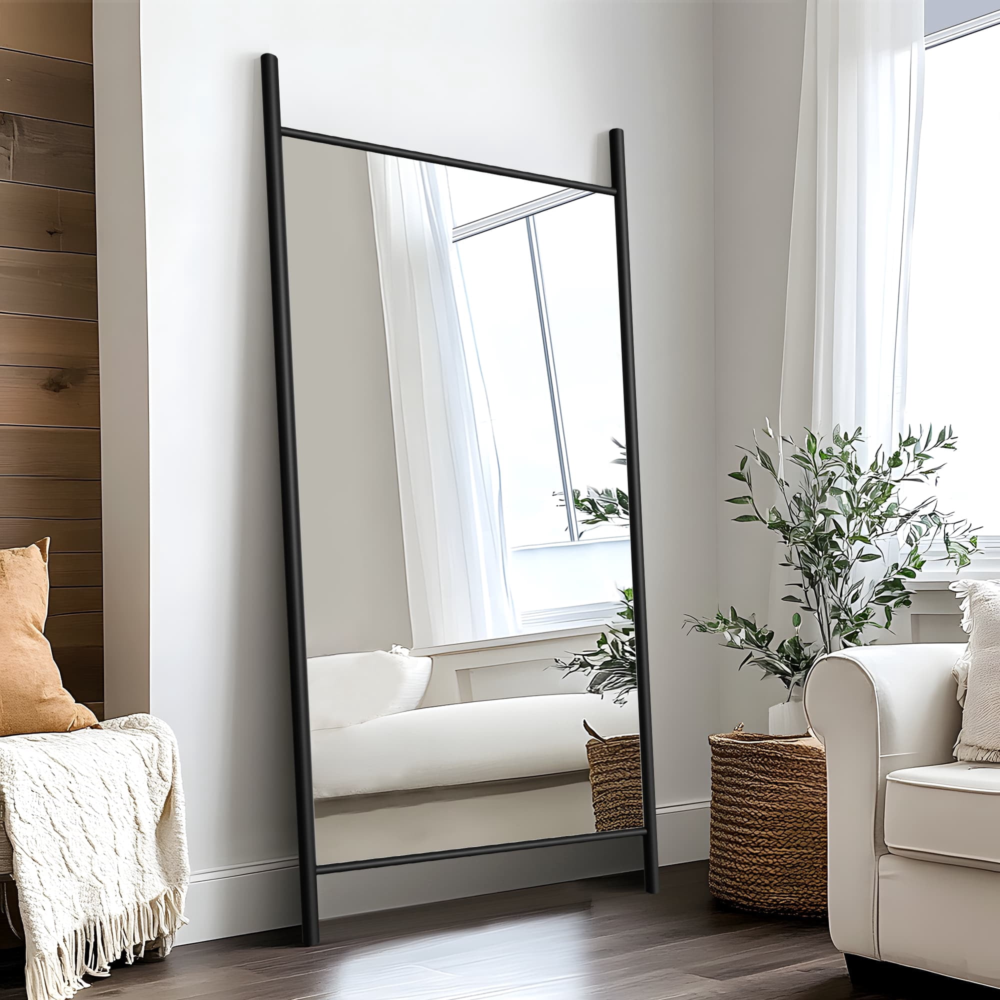 73"x35" Wood Full Length Mirror Ladder Rectangle Floor Mirror, Black