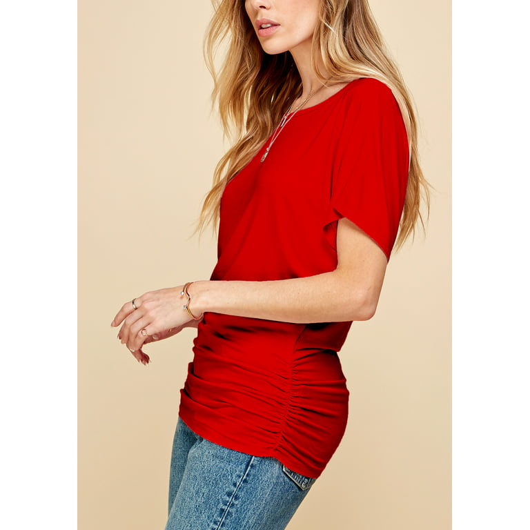 Made by Johnny Women's V-Neck 3/4 Sleeve Dolman Top with Side Shirring XS  RED 