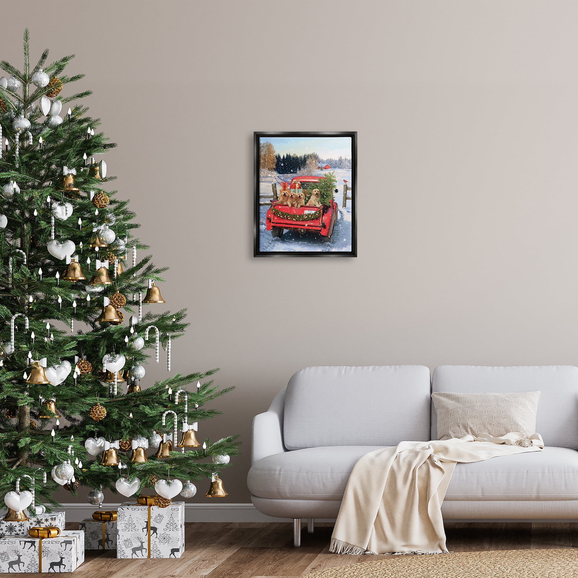 Stupell Industries Puppies in Holiday Truck Holiday Painting Black Floater Framed Canvas Art Print Wall Art, 17 x 21