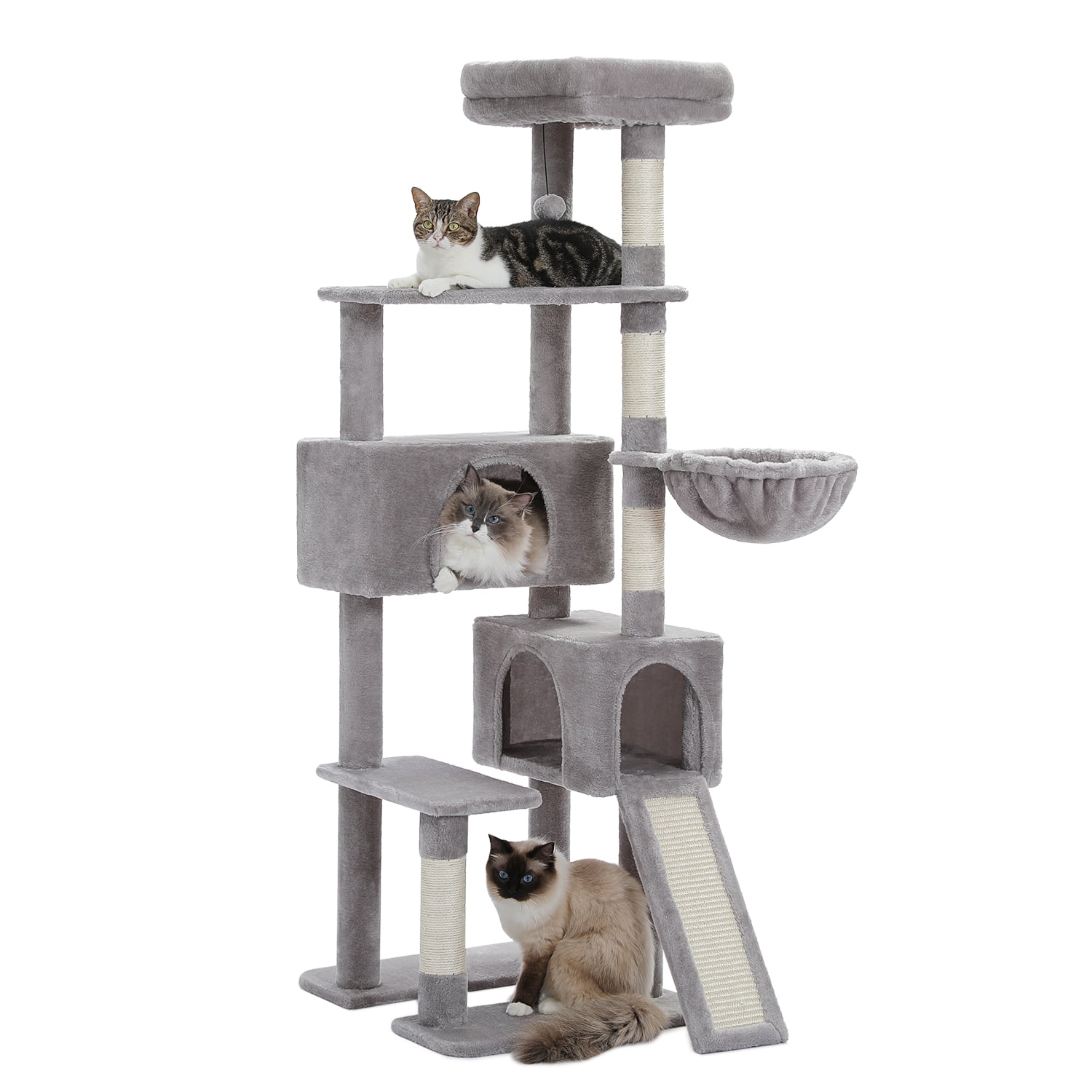PEQULTI 61" Modern Cat Tree Large Cat Tower with Ladder and Dual Condos Indoor Light Gray