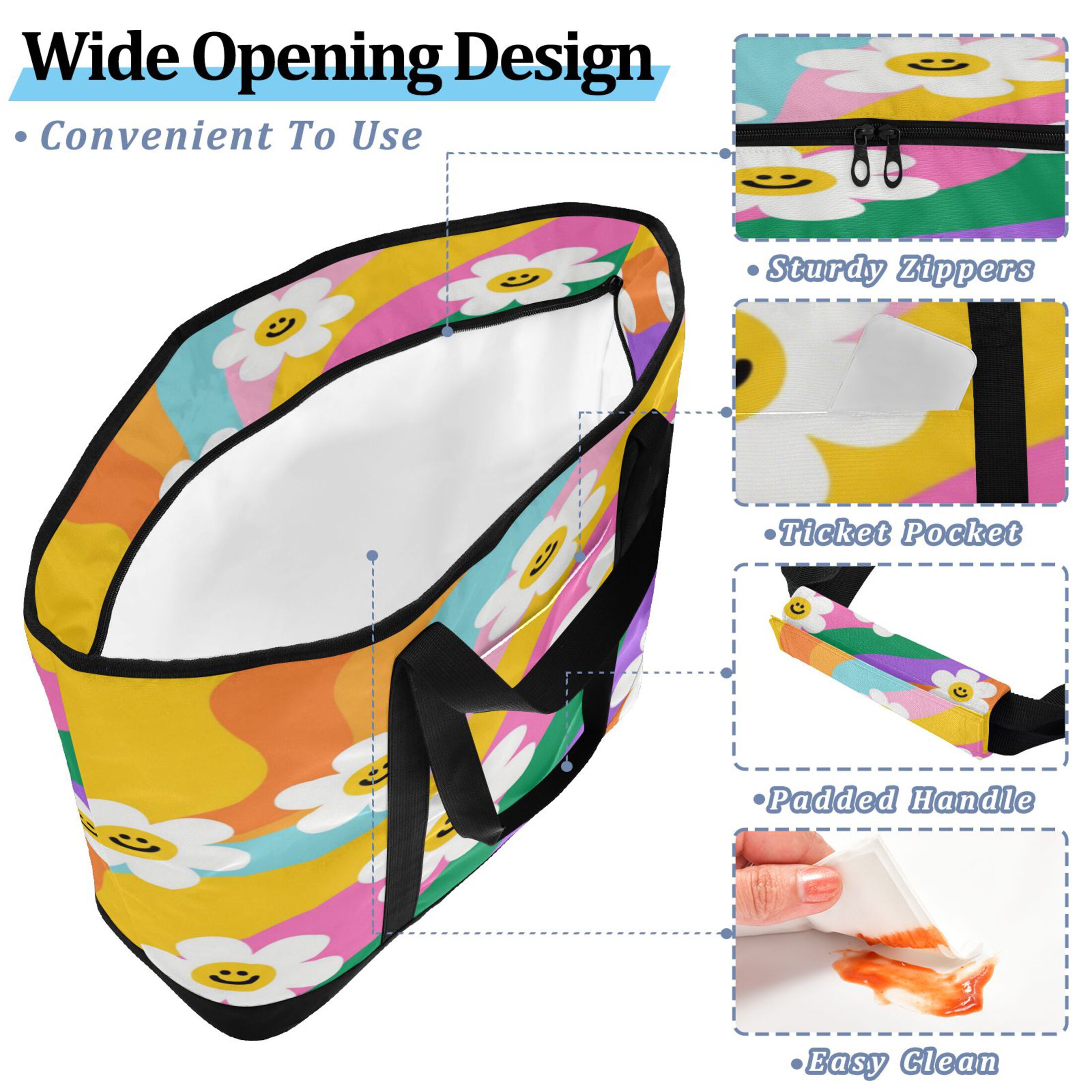 Extra-Large Wide Opening Design Capacity Hand-Held Ice Pack Thickened Insulation Layer For Long-Lasting Cold Retention For Outdoor Shopping Picnics And Camping Smiley Daisy on Rainbow Background