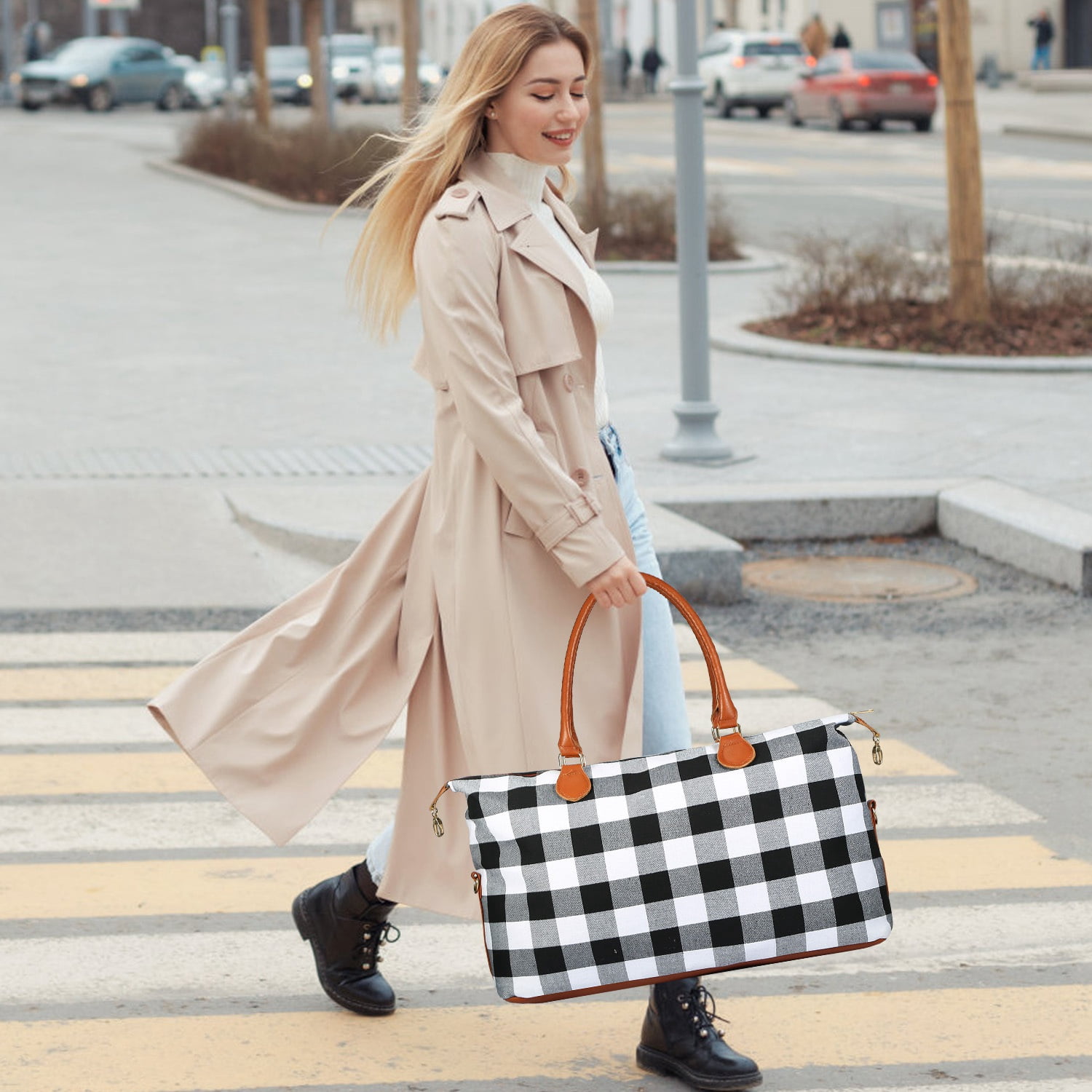 Imountek 24" Travel Duffle Bags, Portable Luggage Bags for Women with Shoulder Handle, White Plaid