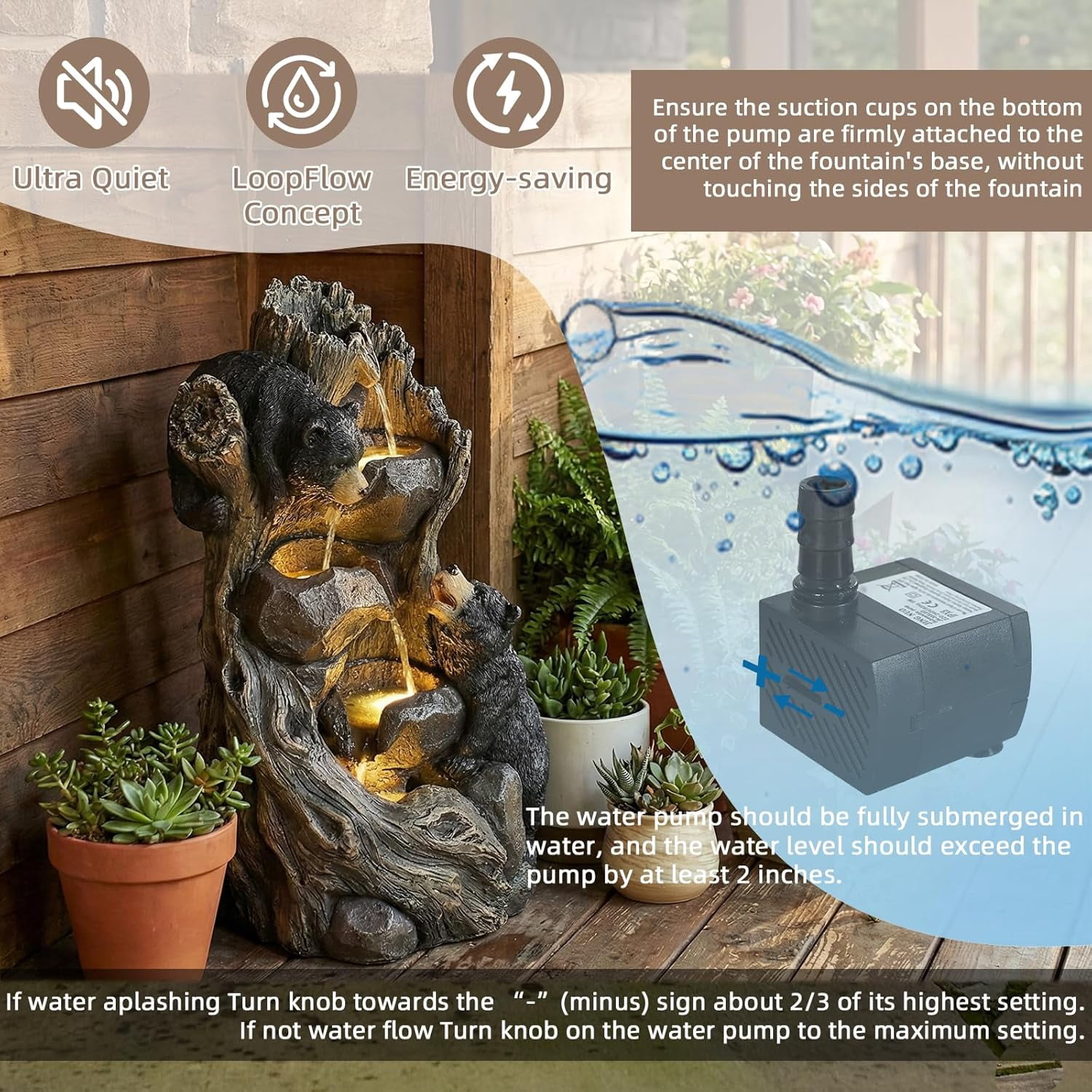 EPICOZY 23" H 5-Tier Outdoor Water Fountain, Realistic Black Bears Climbing Tree Waterfall Fountains with 4 LED Lights & Adjustable Flow, Resin Garden Water Feature for Farmhouse Patio Yard Deck