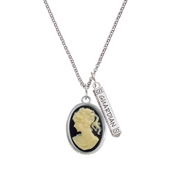 Delight Jewelry Silvertone Oval - Black Cameo - Silvertone Guardian Angel Bar Charm Necklace, 23"