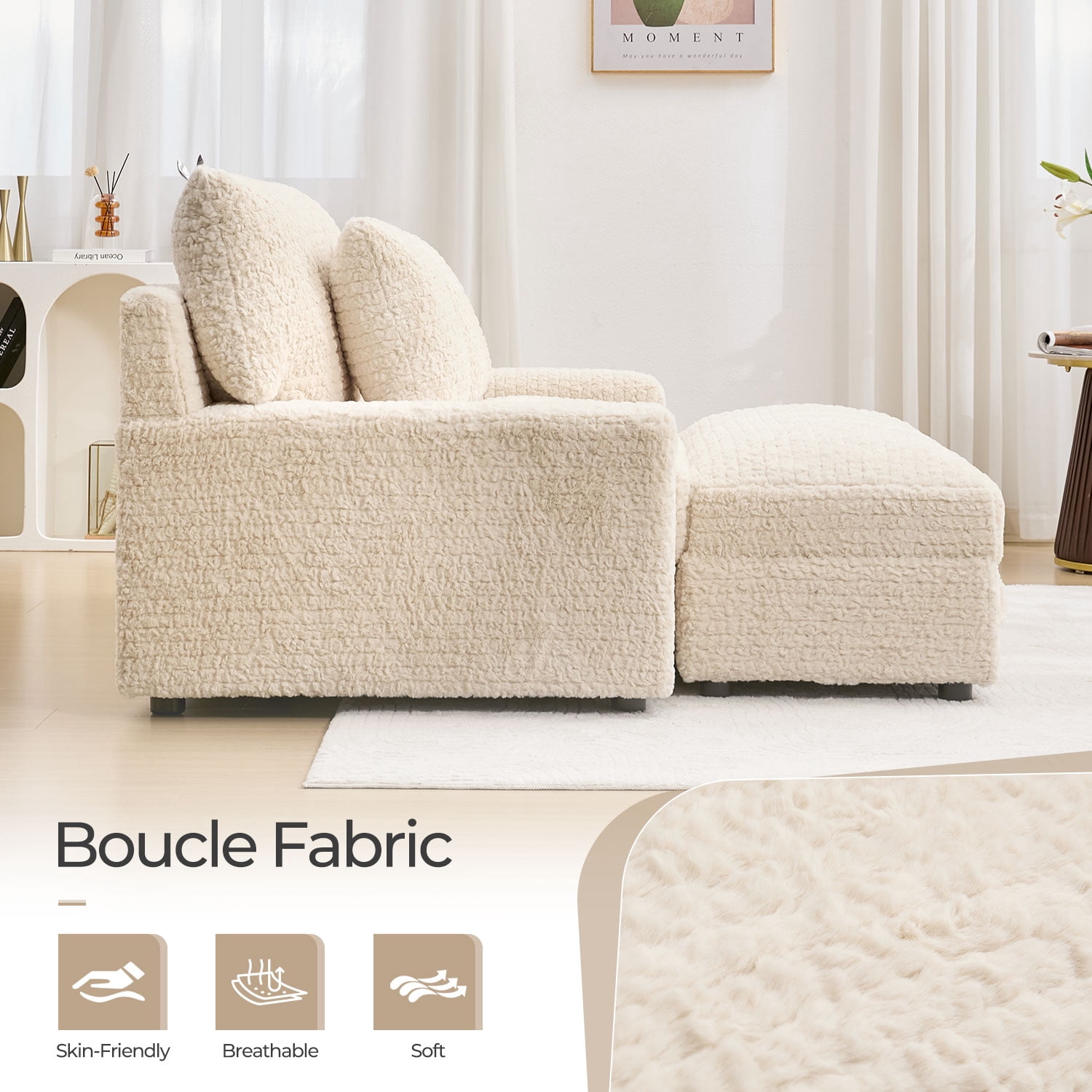 Boucle Oversized and Convertible Sleeper Loveseat with Storage Ottoman and Pillows, Beige