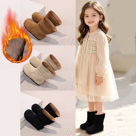 Kids Casual Mid Calf Booties Suede Upper Side Zipper Plush Lined Boots Non Slip Sole Snow Boots for Everyday Winter Wear