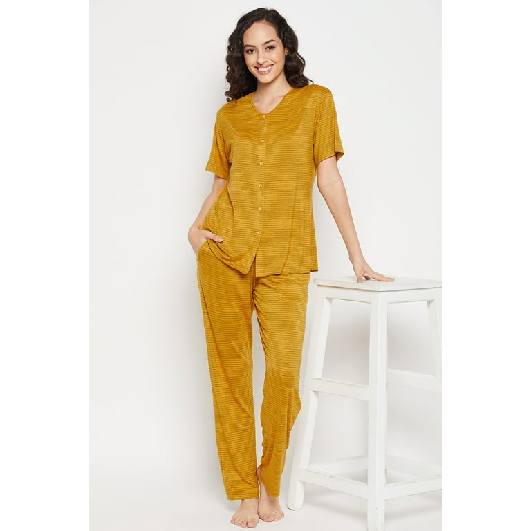 Striped Button Down Top Pyjama Set in Mustard Yellow Cotton Walmart
