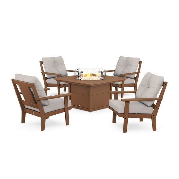 POLYWOOD® Prairie 5-Piece Deep Seating Set with Fire Pit Table in Teak / Dune Burlap