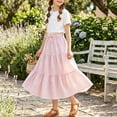 thumbnail image 3 of LEKWK Girls 2 Piece Midi Skirt Set Bow Short Sleeve Shirts and Elastic Waist Ruffle Tiered Skirt Casual Summer Outfit Teen Boho Floral Holiday Resort Wear, 3 of 7