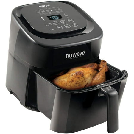

NuWave Brio 6-Quart Air Fryer with App Recipes (Black) basket divider one-touch digital controls 6 easy presets wattage control SEAR PREHEAT DELAY WARM and more (NEW UPDATED 2020 MODEL)