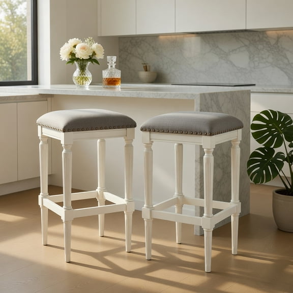 GVN Bar Stools,3 Heights Square Saddle Stool Set of 2 with Footrests and Padded Seats-Gray
