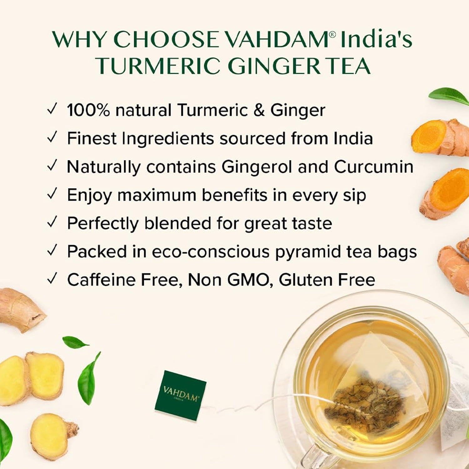 VAHDAM Organic Turmeric Ginger Herbal Tea, 100 Pyramid Tea Bags | Caffeine-Free, Non-GMO Herbal Infusion, Spiced Botanical Blend