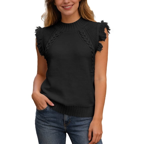 Wovix Womens Sleeveless Sweater Vest Neck Shirts Cable Knit Fringe Cap Sleeve Boho Trendy Pullover Tank Trendy Daily Top Black L