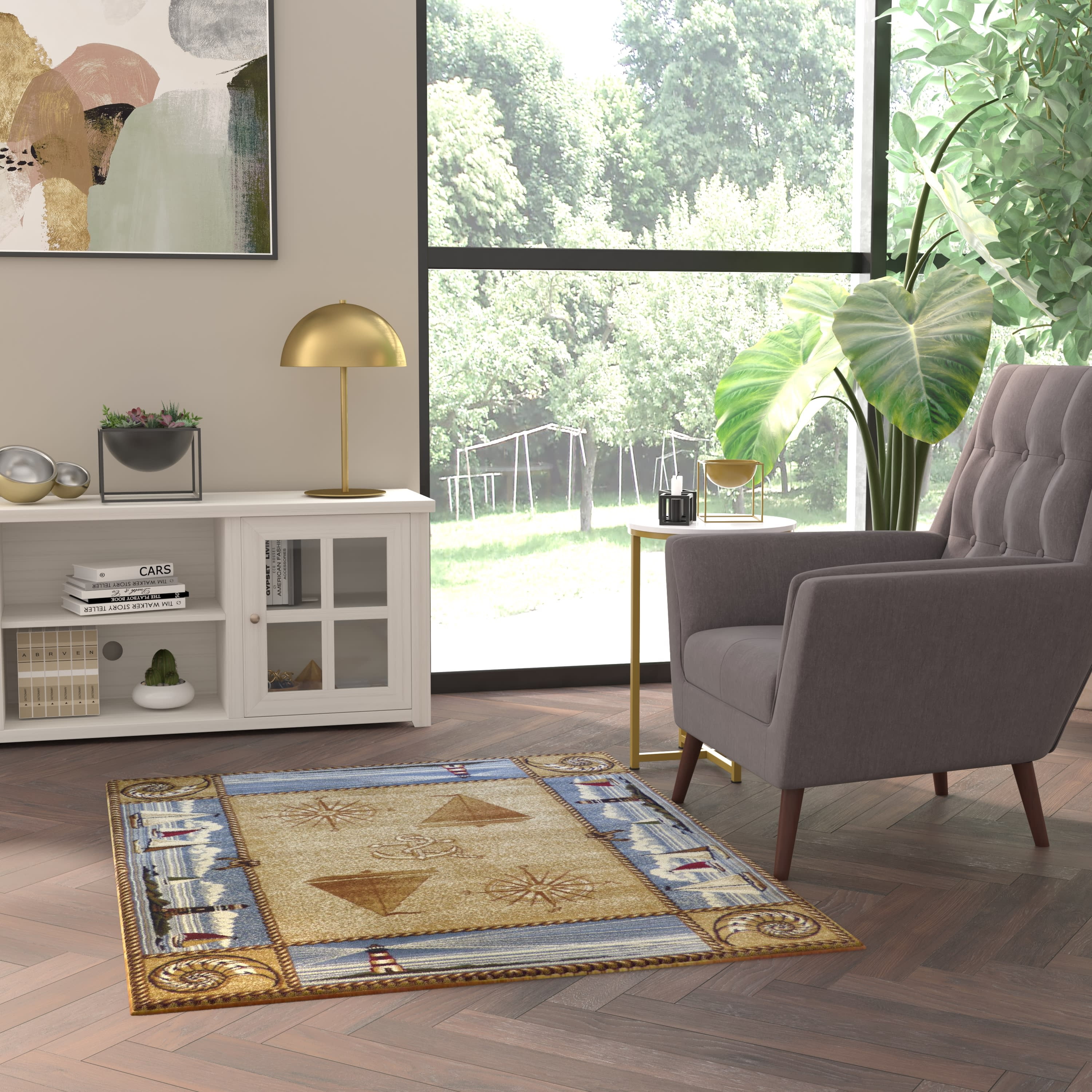 Emma + Oliver 3x5 Beige Nautical Theme Accent Rug with Coastal Scene