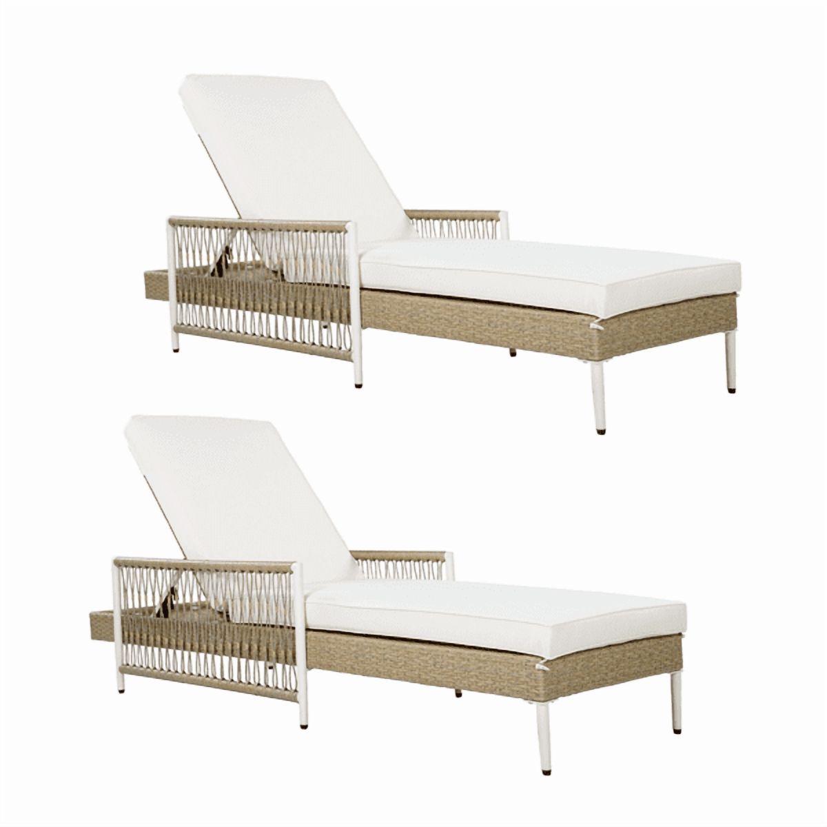 Minimalist Patio Wicker Lounge Chair, Outdoor All-Weather PE Rattan Chaise Lounge with 6 Gear Adjustable Recliner, Arms and Cushion for Poolside, Deck, Beige
