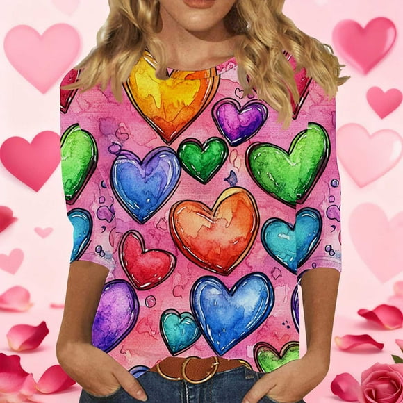 Xcmzpl Women's Plus Size Valentines Shirts Loose Fit 3/4 Sleeve Tunic Tops Cute Love Heart Print Crew Neck T-Shirts Fashion Party Blouses Green S-5XL